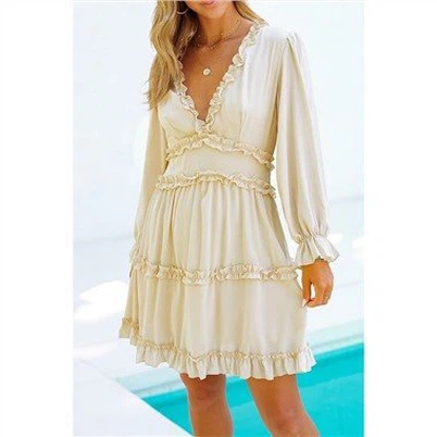 Beige V Neck Ruffle Detailing Open Back Dress