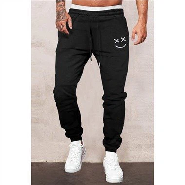Black Smile Face Print Elastic Waist Joggers