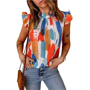 Printed Ruffle Flutter Sleeve Tank Top